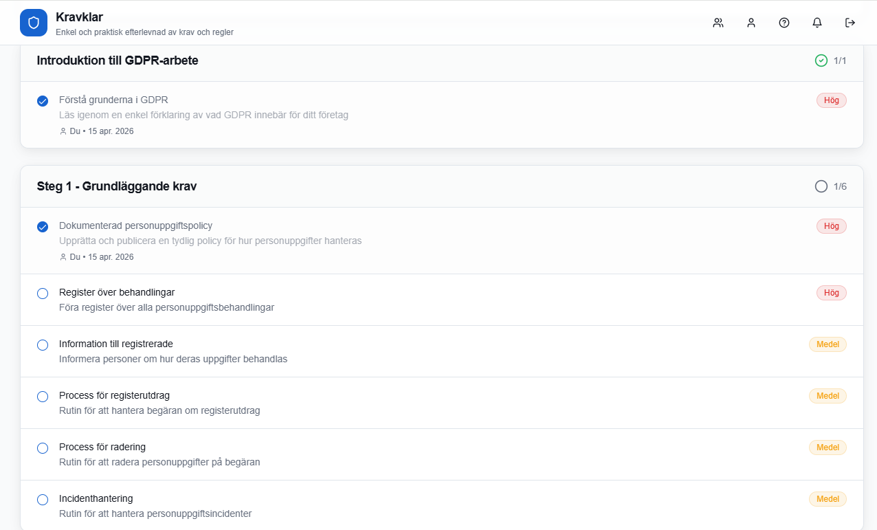 Skärmdump av en GDPR-checklista i Kravklar med avbockade krav